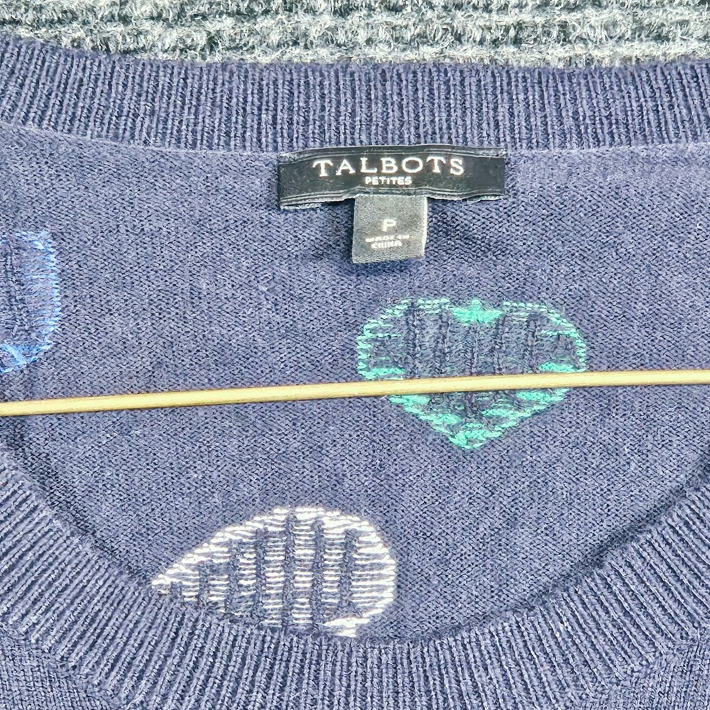 Talbots Petites Navy Blue Multi Color Heart Intarsia Crewneck Sweater Size P - Picture 3 of 7